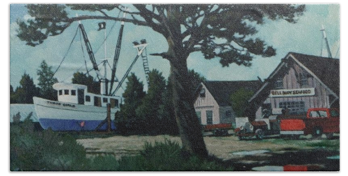 Edisto Beach Towel featuring the painting Bell Buoy Seafood Edisto Island by Blue Sky
