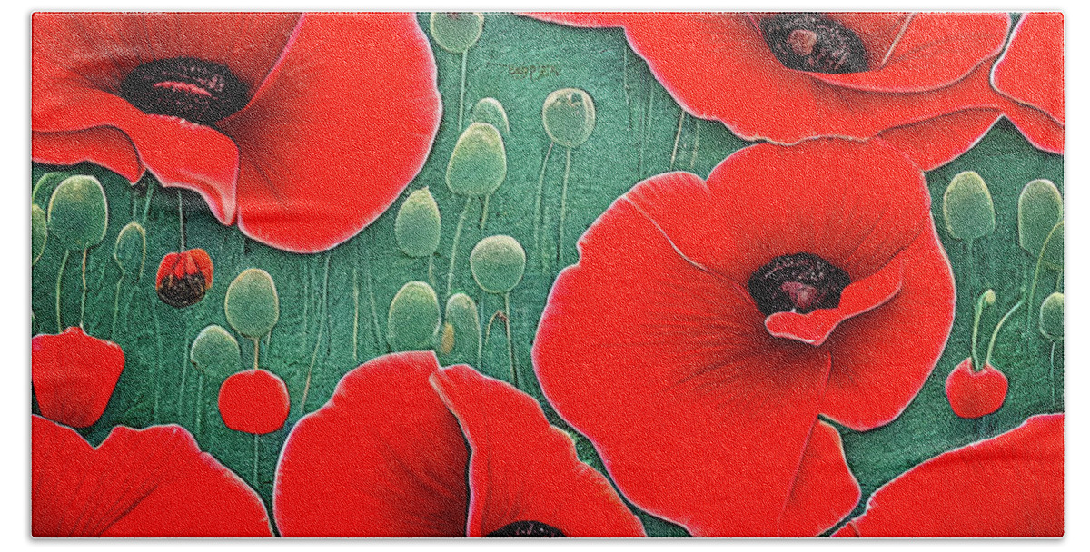  Corn Poppy Flower Beach Towel featuring the painting Bella Fresca Poppies Red Poppy - The whole world is a garden if you look at it correctly. by OLena Art by Lena Owens - Vibrant DESIGN