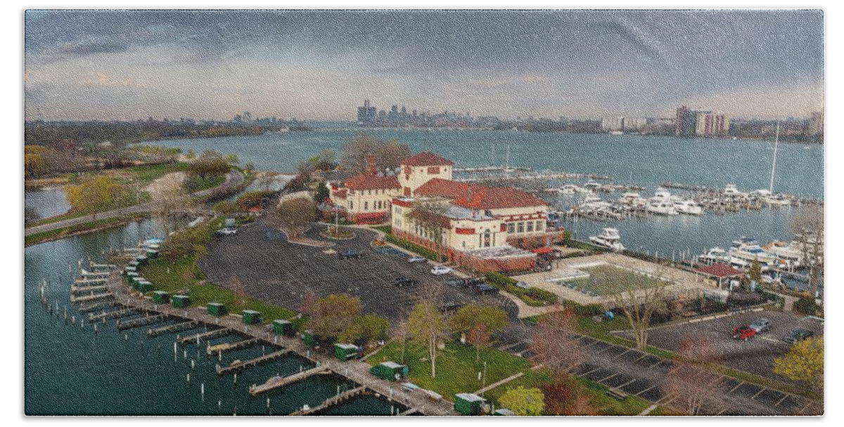 Detroit Beach Towel featuring the photograph Belle Isle and the Detroit Yacht Club DJI_0557 by Michael Thomas