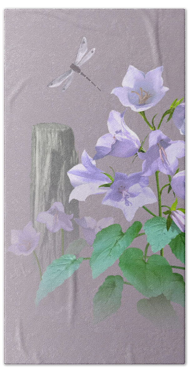 Flowers Beach Towel featuring the digital art Bellflowers by Fence Post by M Spadecaller