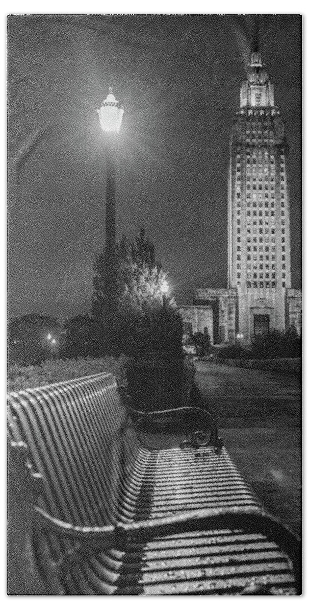 American Landmarks Beach Towel featuring the photograph Bench and Louisina State Capitol by John McGraw