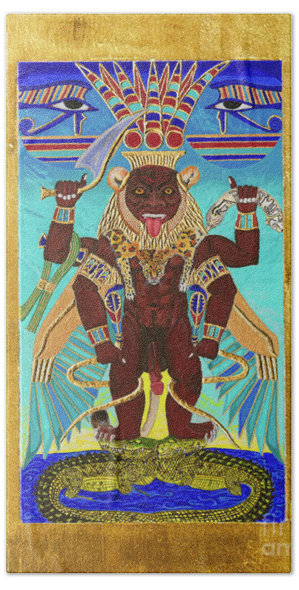 Bes Beach Towel featuring the mixed media Bes the Magical Protector by Ptahmassu Nofra-Uaa