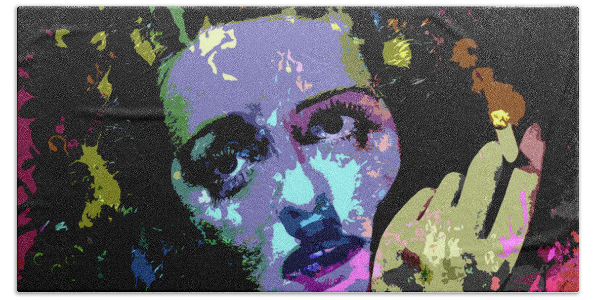 Bette Davis Beach Towel featuring the digital art Bette Davis psychedelic portrait by Movie World Posters