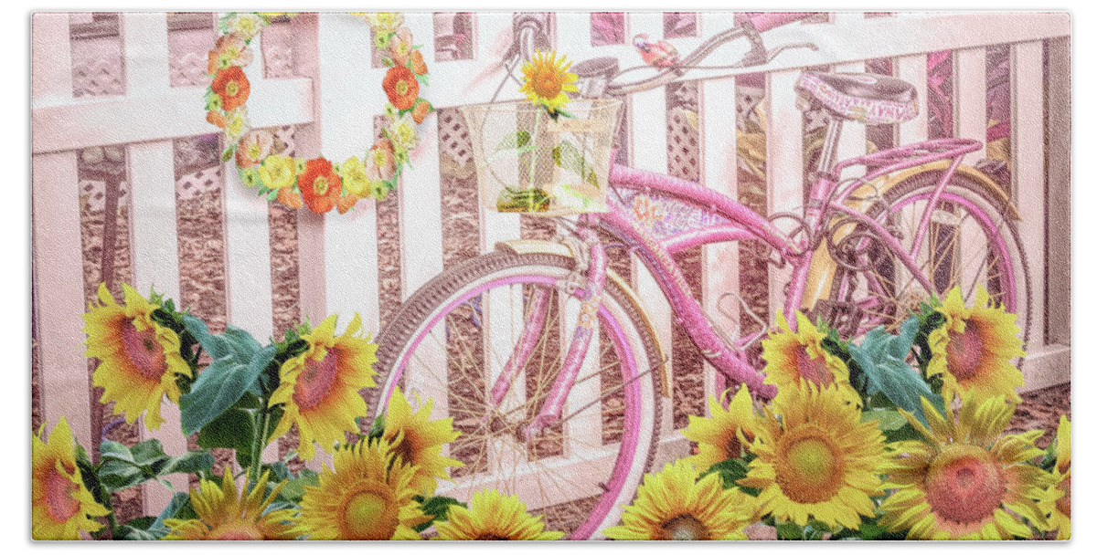 Fla Beach Towel featuring the photograph Bicycle at the Sunflower Fence by Debra and Dave Vanderlaan