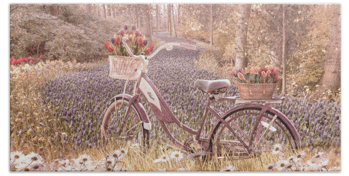 Mountains Beach Towel featuring the photograph Bicycle in Flowers Cottage Hues by Debra and Dave Vanderlaan
