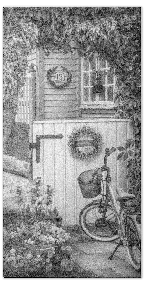 Spring Beach Towel featuring the photograph Bicycle Waiting at the Garden Gate in Black and White by Debra and Dave Vanderlaan