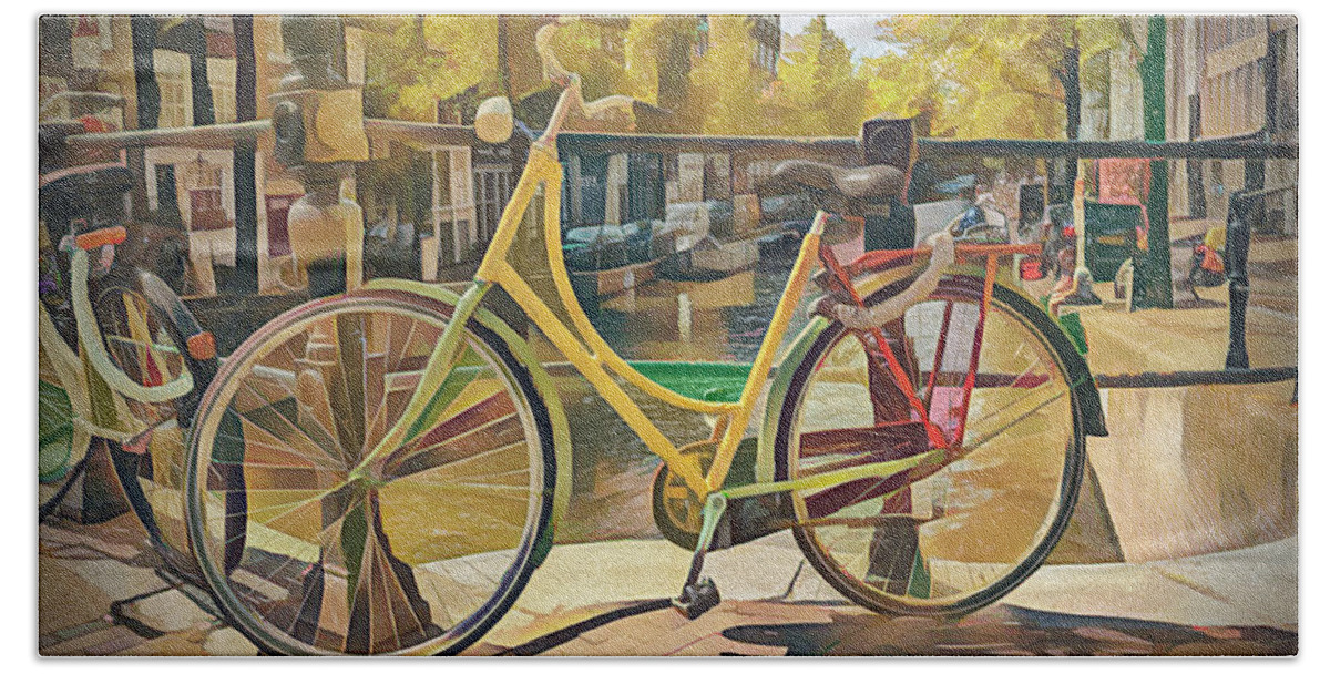 Boats Beach Towel featuring the photograph Bicycles on the Canals Abstract Painting by Debra and Dave Vanderlaan