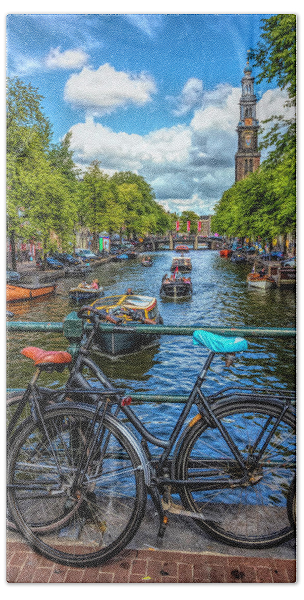 Boats Beach Towel featuring the photograph Bicycles on the Canals II by Debra and Dave Vanderlaan