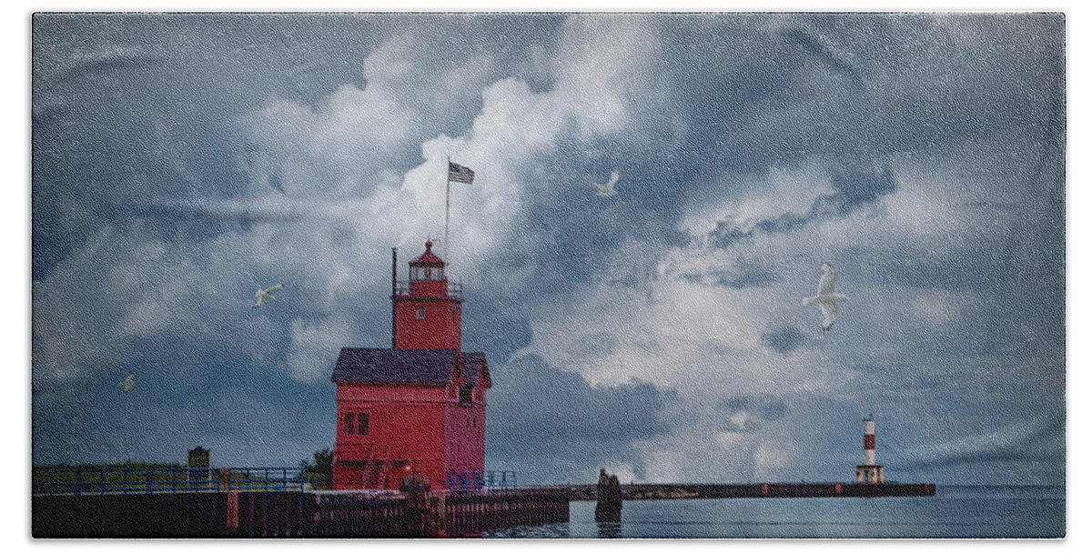 Art Beach Towel featuring the photograph Big Red Lighthouse with Large Cloudy Sky and Flying Gulls at Ott by Randall Nyhof