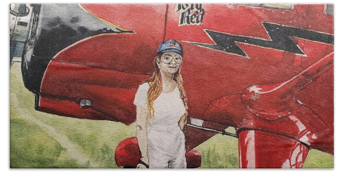 Redhead Beach Towel featuring the painting Big Reds at the Airshow by Merana Cadorette