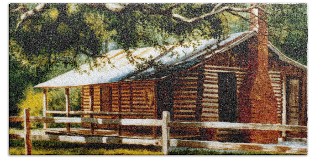 Big Thicket Beach Towel featuring the painting Big Thicket Information Center_The Staley Cabin by Randy Welborn