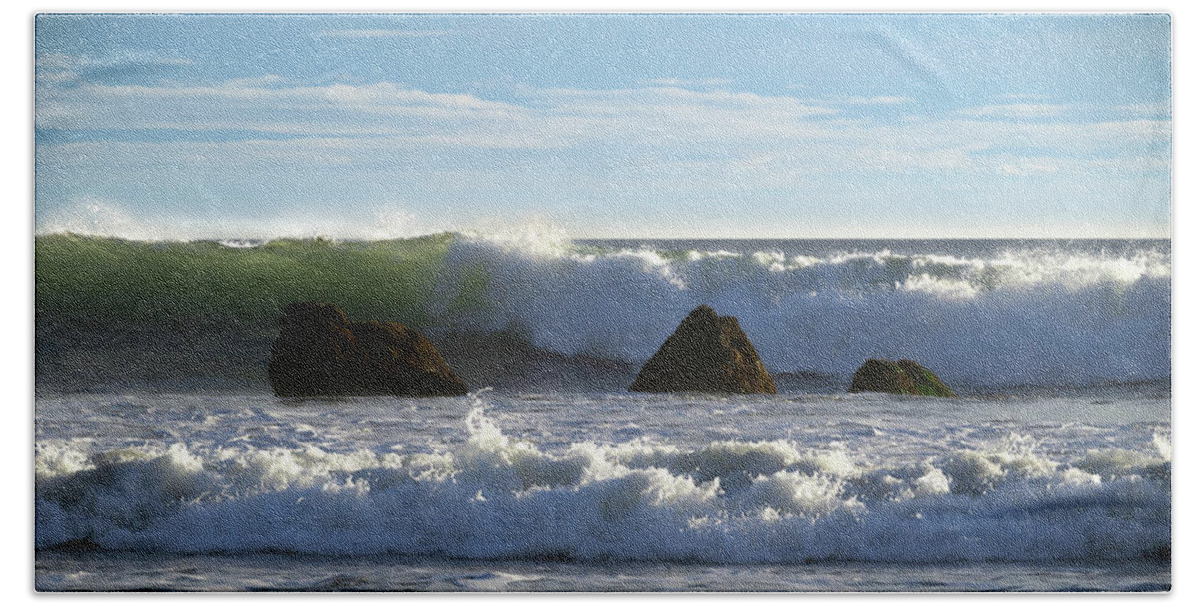 Beach Beach Towel featuring the photograph Big Wave Approaching the Rocks by Matthew DeGrushe