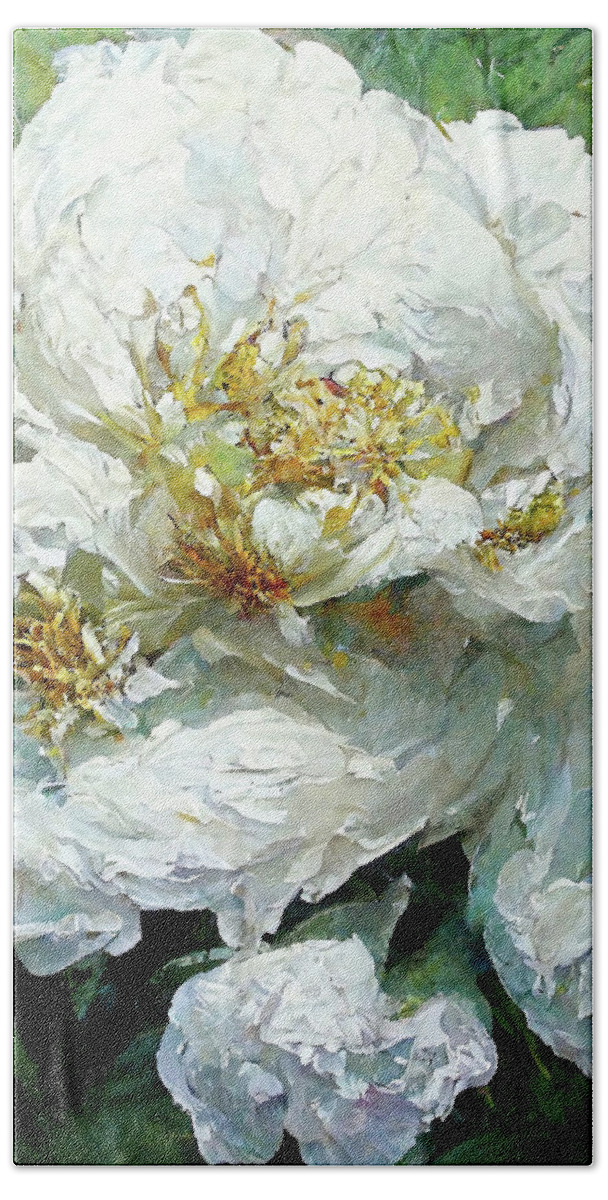 Peony Beach Towel featuring the painting Big White Peony by Tina LeCour