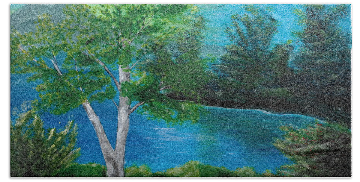 Lake Beach Towel featuring the painting Birch on lake by David Bigelow