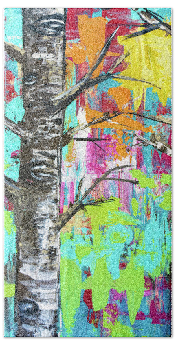 Birch Beach Towel featuring the painting Birch Wood Trees at Sunset in the Forest by Joanne Herrmann