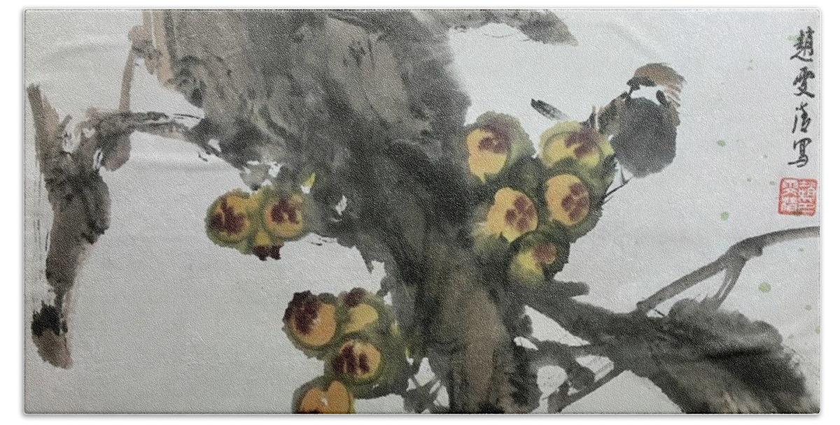 Bird Beach Towel featuring the painting Bird and Loquat by Carmen Lam