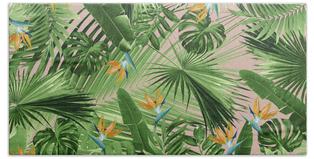 Color Beach Towel featuring the mixed media Bird of Paradise Jungle Leaves Dream #2 #tropical #decor #art by Anitas and Bellas Art