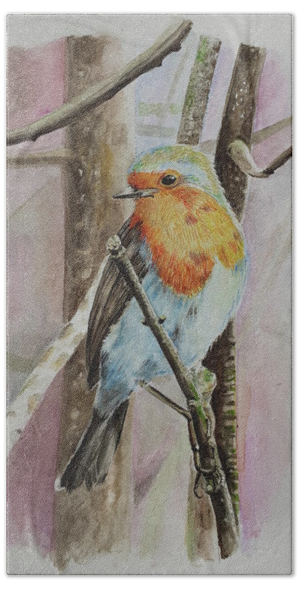 Bird Beach Towel featuring the painting Bird on a tree II by Carolina Prieto Moreno