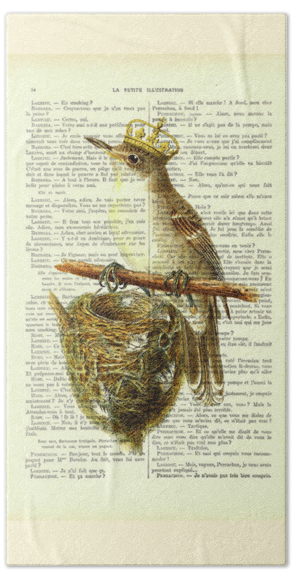 Bird Beach Towel featuring the digital art Bird with golden crown and bird's nest art by Madame Memento