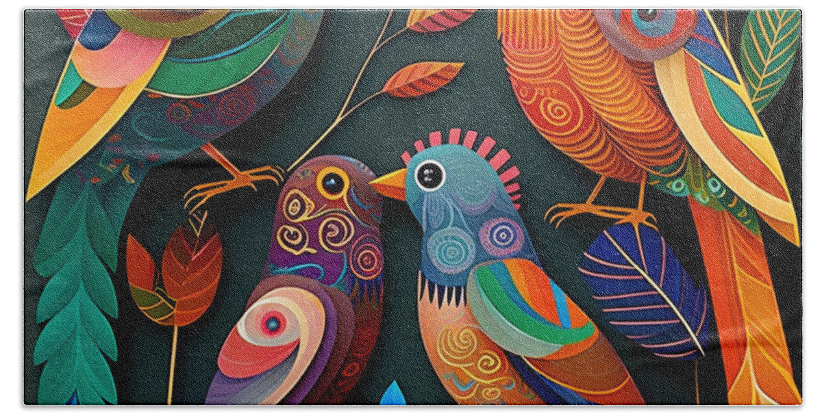 Birds Beach Towel featuring the digital art Birds - Folk Art I by Jay Schankman