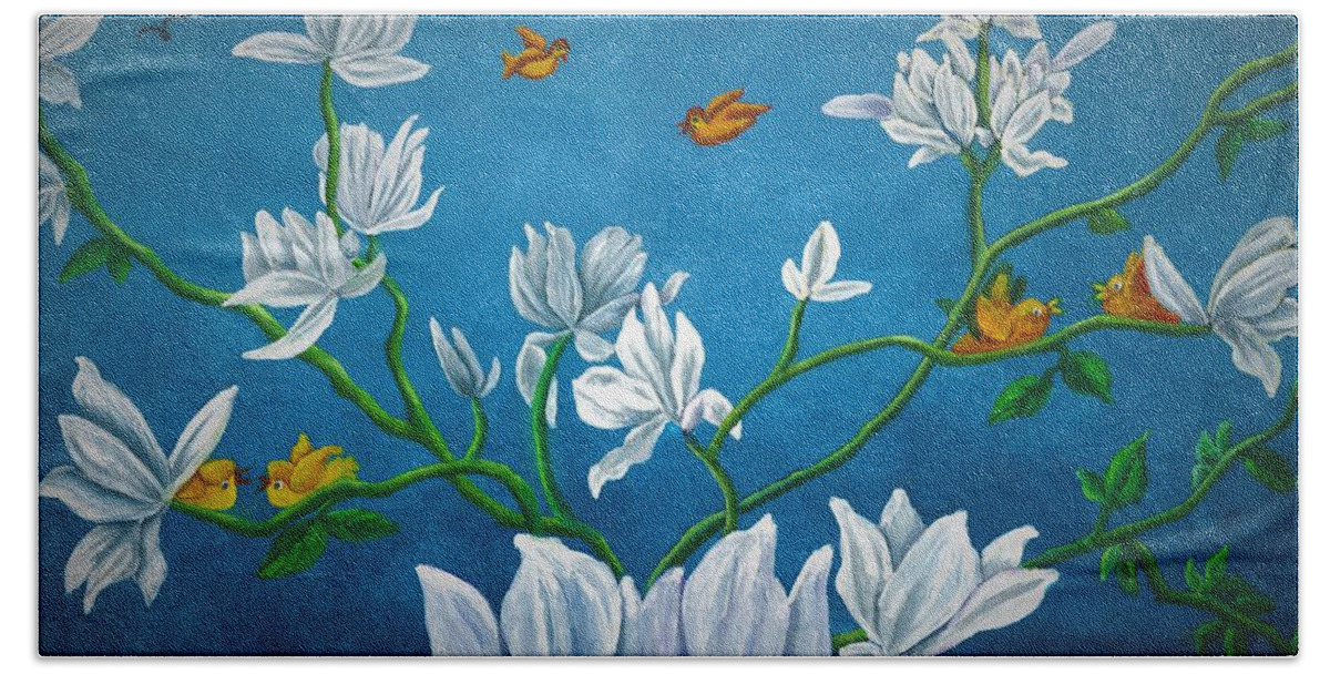 Bird Beach Towel featuring the painting Bird's garden by Tara Krishna