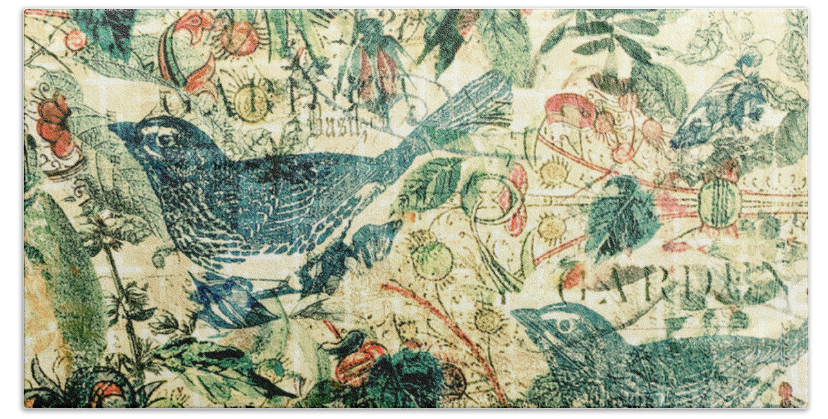 Birds Beach Towel featuring the mixed media Birds in Sepia by Deborah Cherrin