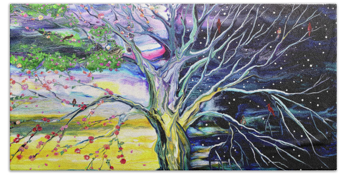 Snow Beach Towel featuring the painting Birds in Spring and Winter Tree of Life by Laura Iverson