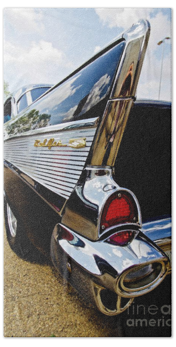 Car Beach Towel featuring the photograph Black 57 Chevy Bel Air by Linda Bianic