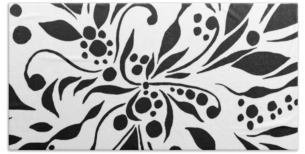 Floral Pattern Beach Towel featuring the painting Black And White Floral Design With Leaves Berries Flowers Pattern by Irina Sztukowski