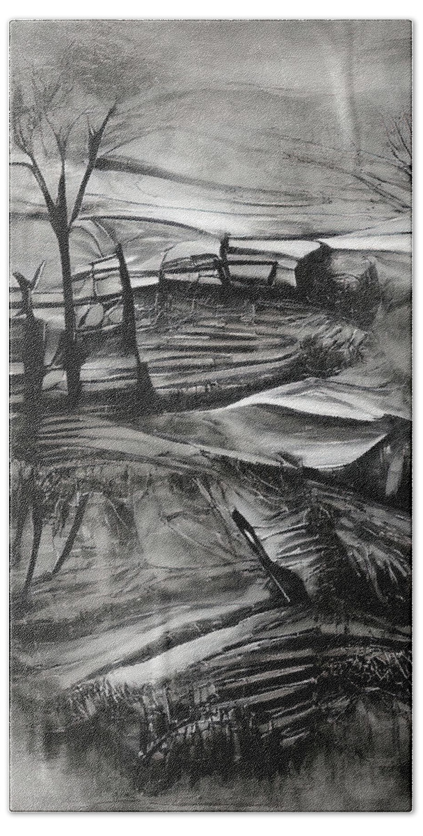Landscape Beach Towel featuring the painting Black and White Landscape 03 by AM FineArtPrints