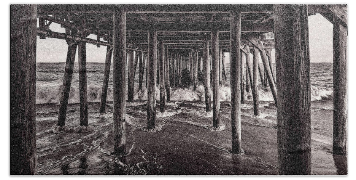 Best Maine Photos Beach Towel featuring the photograph Black and White Under the Boardwalk - Old Orchard Beach in Maine by Mitchell R Grosky