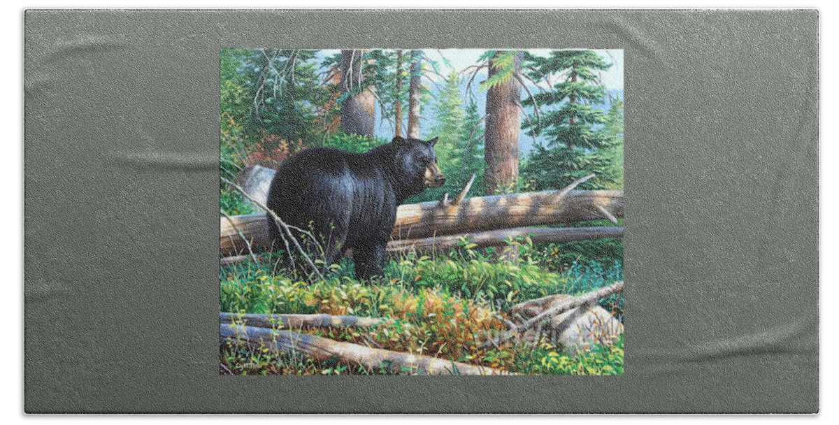 Cynthie Fisher Beach Towel featuring the painting Black Bear Forrest by Cynthie Fisher