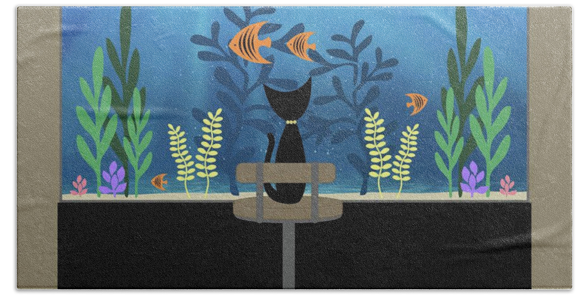 Aquarium Beach Towel featuring the digital art Black Cat Admires Angel Fish by Donna Mibus