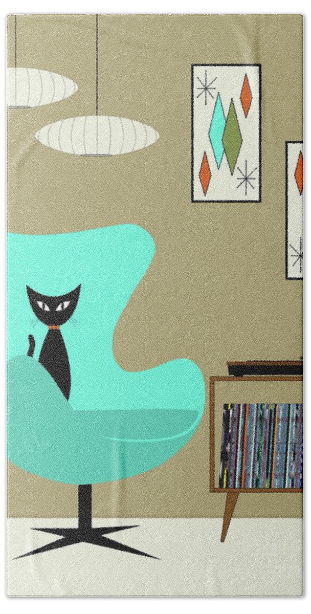 Mid Century Black Cat Beach Towel featuring the digital art Black Cat in Record Player Room by Donna Mibus
