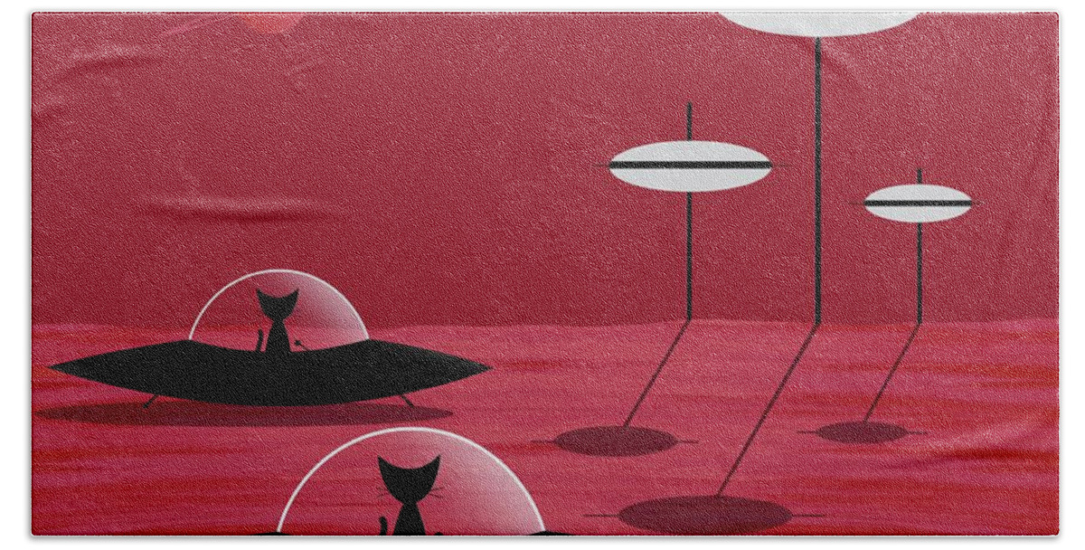 Black Cat Beach Towel featuring the digital art Black Cats Visit Red Planet by Donna Mibus
