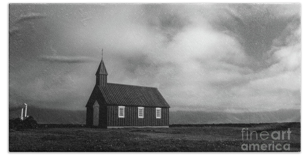 Iceland Beach Towel featuring the photograph Black church in Budir, Iceland by Delphimages Photo Creations