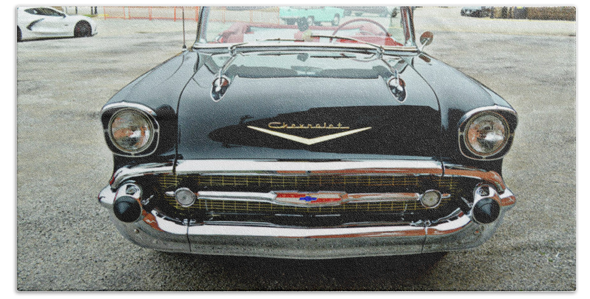 Retro Beach Towel featuring the photograph Black Classic Car Bel Air Front View by Gaby Ethington