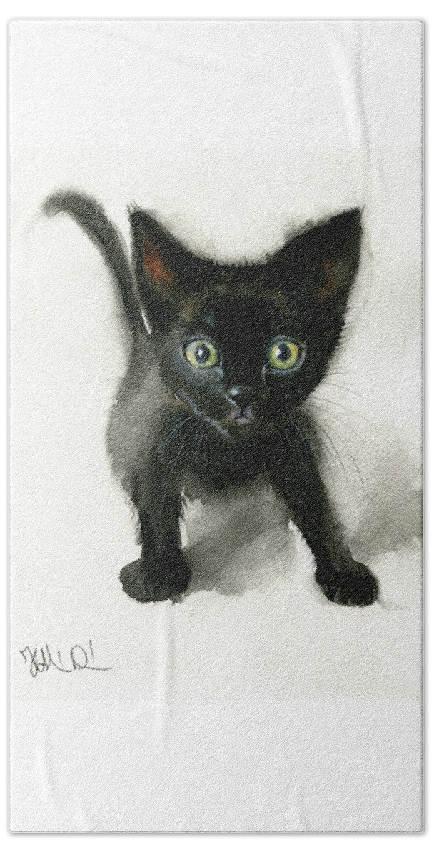 Kitten Beach Towel featuring the painting Black Kitten Painting by Dora Hathazi Mendes