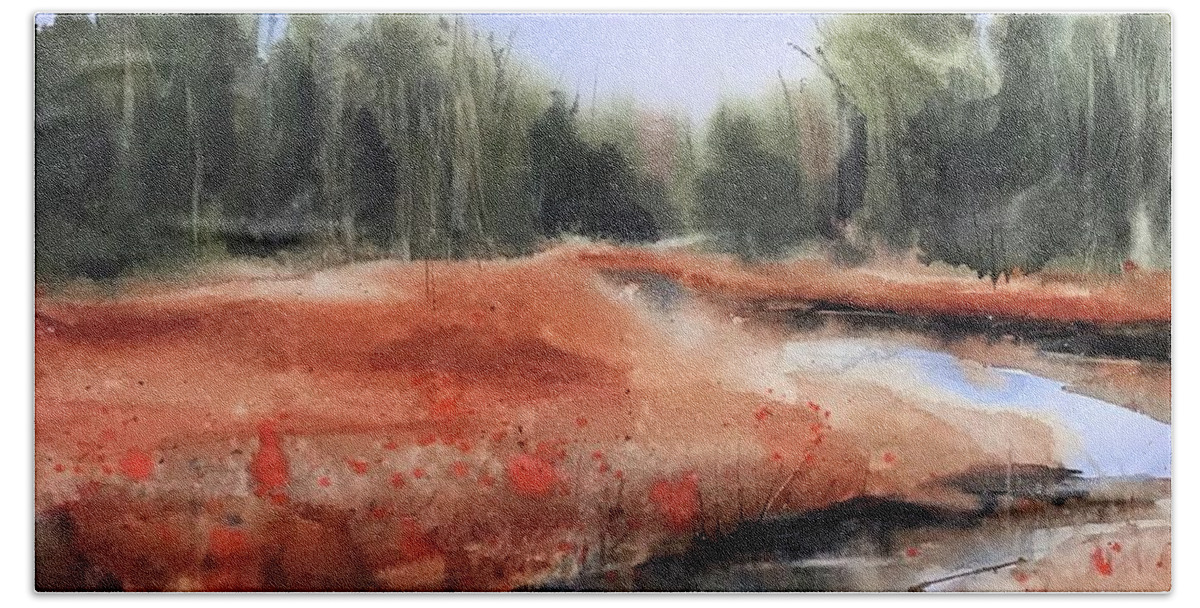 Landscape Beach Towel featuring the painting Bloom in the Wetlands by Judith Levins