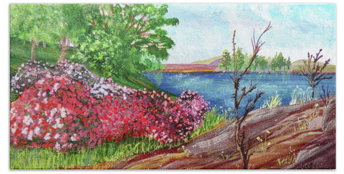 Landscape Beach Towel featuring the painting Blooming Rhododendrons Updated by Sharon Williams Eng