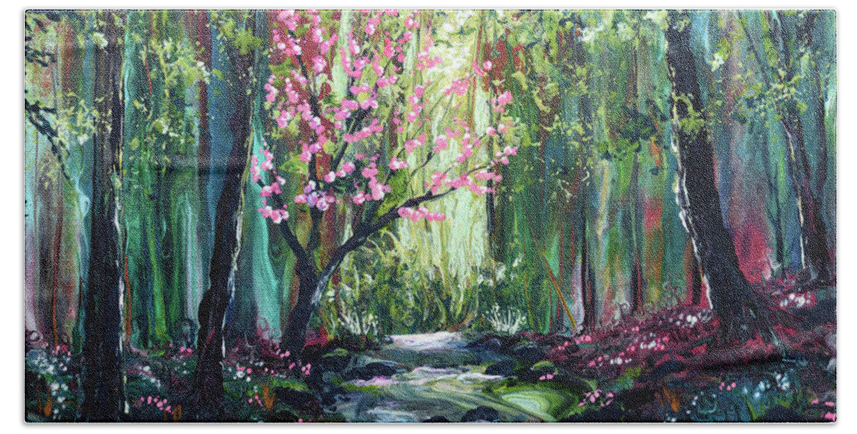 Woods Beach Towel featuring the painting Blossoming Tree by a Brook by Laura Iverson