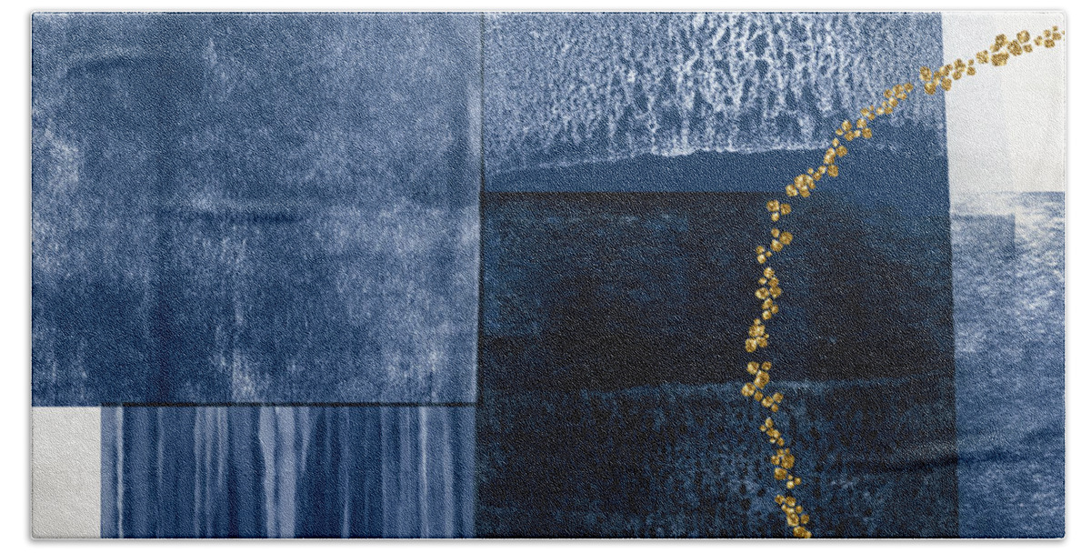 Abstract Beach Towel featuring the mixed media Blue and Gold 2- Art by Linda Woods by Linda Woods