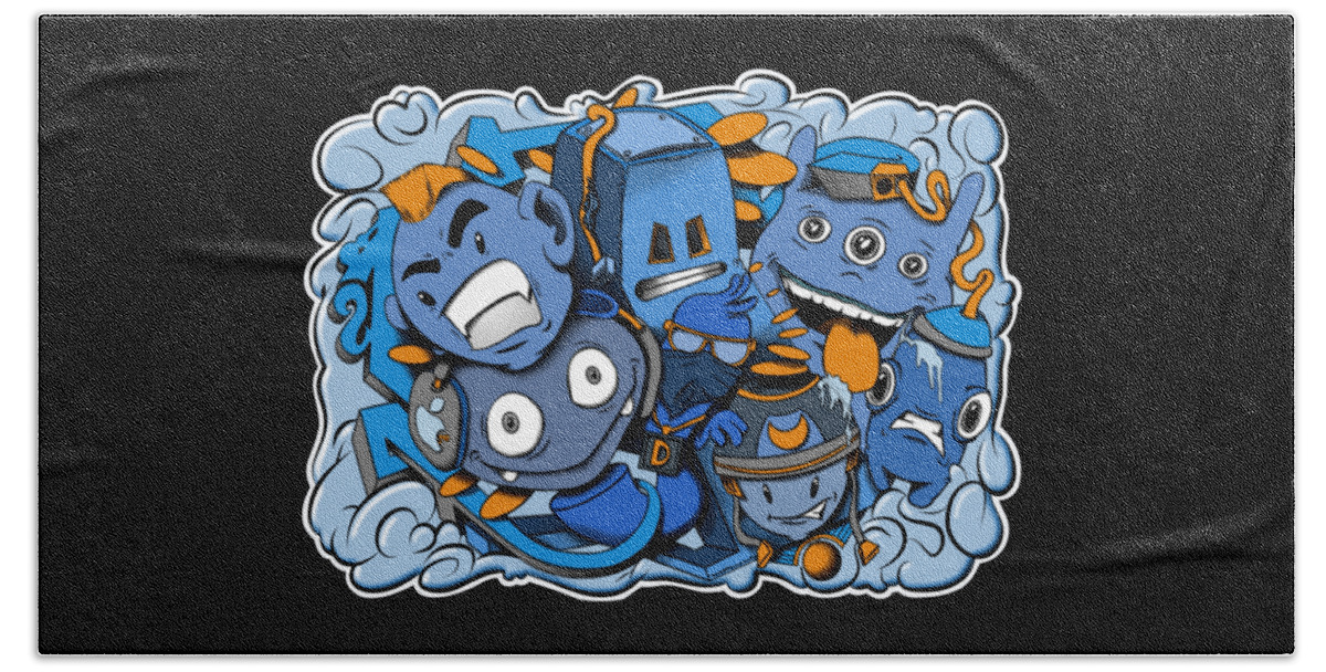 Blue and yellow graffiti cartoon characters Beach Towel by Donald Lawrence  - Fine Art America