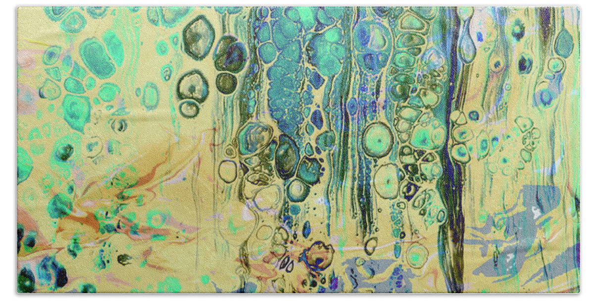 Abstract Beach Towel featuring the digital art Blue and Yellow Rust by Deb Nakano