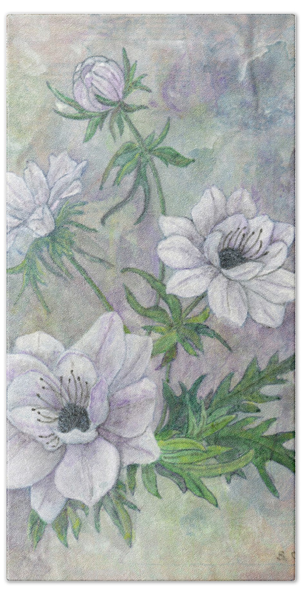 Blue Anemones Beach Towel featuring the mixed media Blue Anemones by Sandy Clift