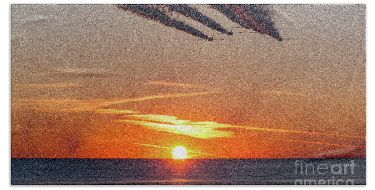 Blue Angels Beach Towel featuring the photograph Blue Angels Flying Over The Sunset by Beachtown Views