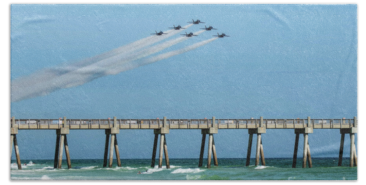 Blue Angels Beach Towel featuring the photograph Blue Angels Over Pensacola Beach Fishing Pier by Beachtown Views