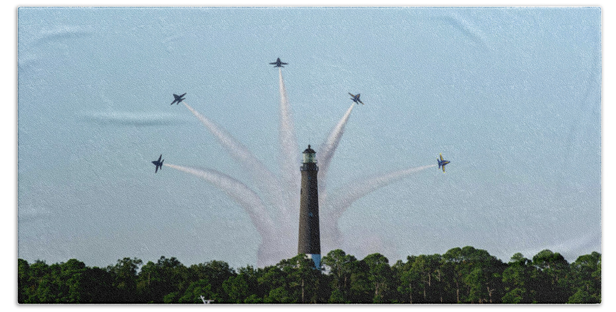 Blue Angels Beach Towel featuring the photograph Blue Angels over Pensacola Lighthouse by Beachtown Views