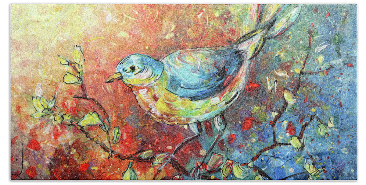 Birds Beach Towel featuring the painting Blue Bird 01 by Miki De Goodaboom