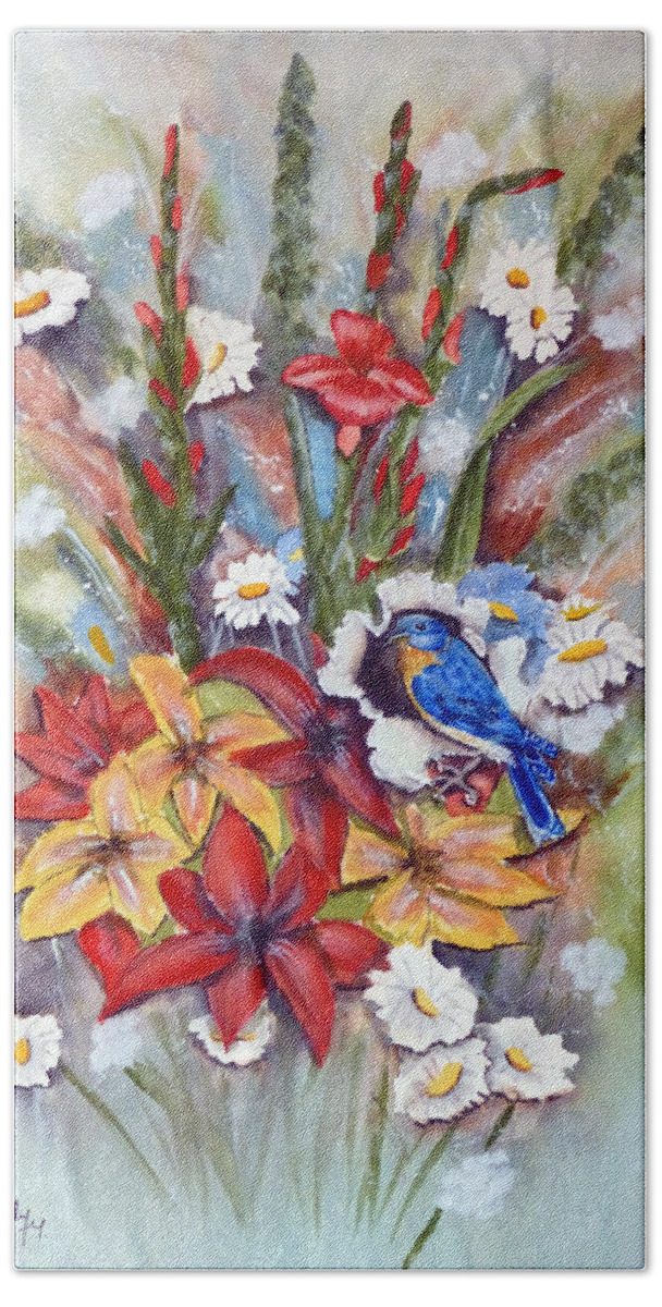 Floral Beach Sheet featuring the painting Blue Bird Eats thru the Painting by Kelly Mills